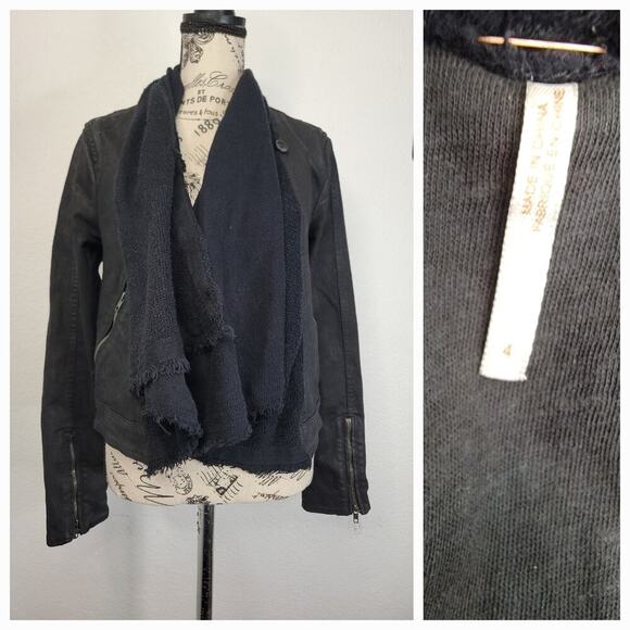 Free People Drape Front Moto Waxed Biker Jacket Womens Size 4 Black OB418010 - Picture 2 of 15